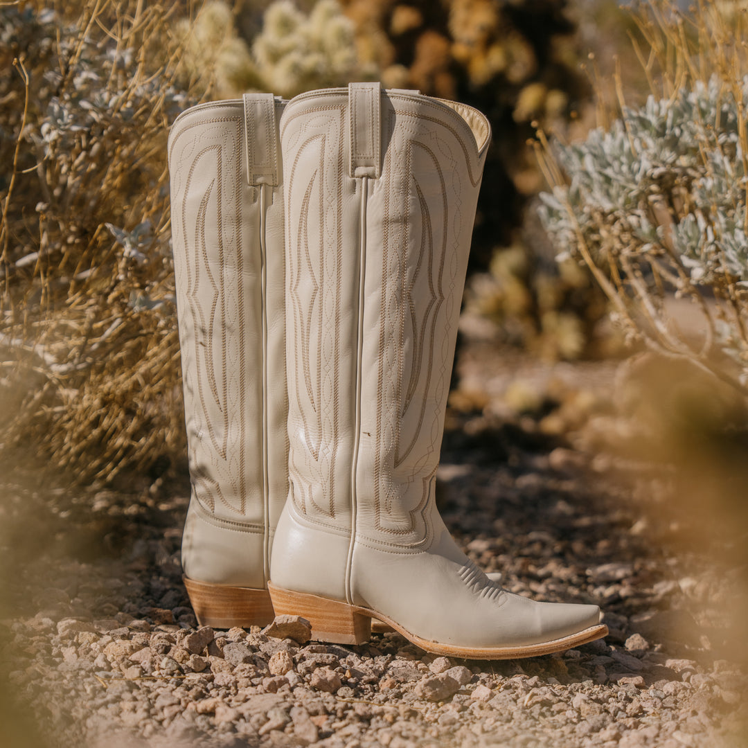 Pair of light-colored cowboy boots on a rocky ground with desert plants in the background