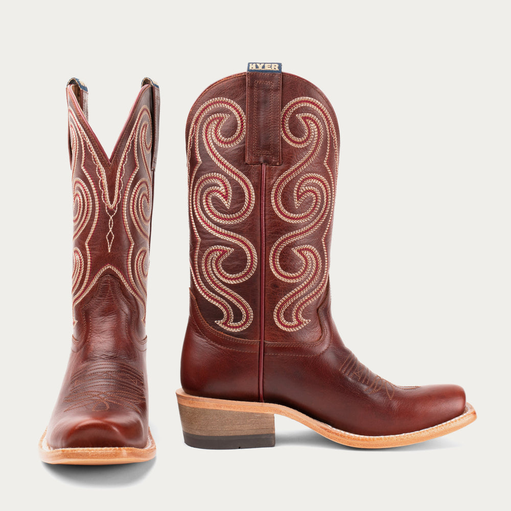 Pair of brown cowboy boots with intricate white stitching on a light gray background
